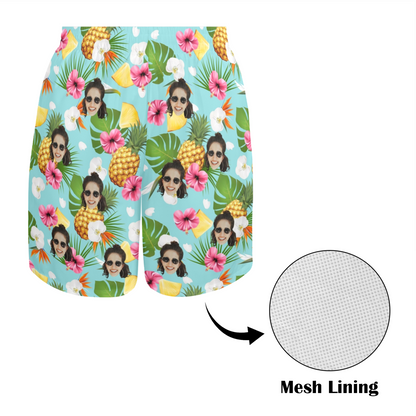 Custom Face Pineapple Flowers Beach Shorts | Personalized Photo Men's Elastic Swim Trunks Anniversary Gift