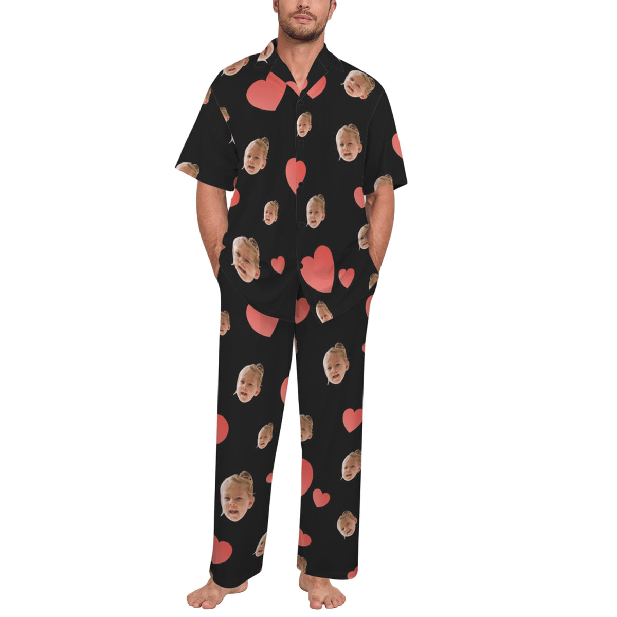 Custom Heart Multi-Color Pajamas | Personalized Men's V-Neck Pajama Set Anniversary Gift