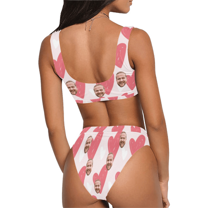 Custom Pink Heart Face Swimsuit | Unique Women's Scoop Neck Sport Top High Waisted Bikini For Honeymoon