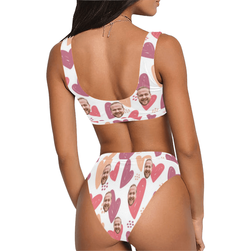 Custom Multi Heart Face Swimsuit | Unique Women's Scoop Neck Sport Top High Waisted Bikini Beach Outfits