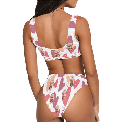 Custom Multi Heart Face Swimsuit | Unique Women's Scoop Neck Sport Top High Waisted Bikini Beach Outfits