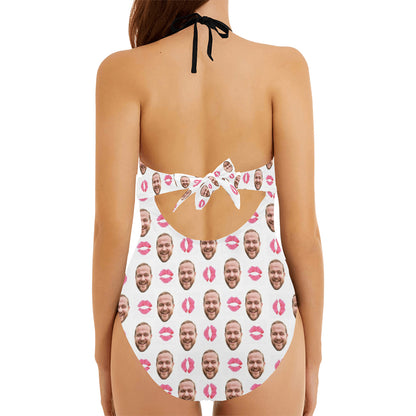 Custom Pink Lip Face Swimsuit | Personalized Women's Backless Bow One Piece Bathing Suit Birthday Gift