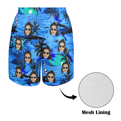 Custom Face Blue Island Beach Shorts | Personalized Photo Men's Elastic Swim Trunks For Vacation