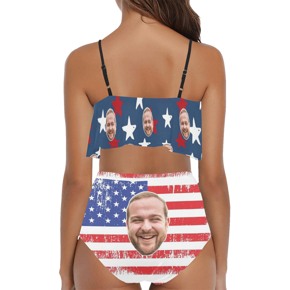 Custom Grunge American Flag Face Swimsuit | Unique Women's Two Piece High Waisted Ruffle Bikini Independence Day