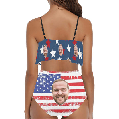 Custom Grunge American Flag Face Swimsuit | Unique Women's Two Piece High Waisted Ruffle Bikini Independence Day