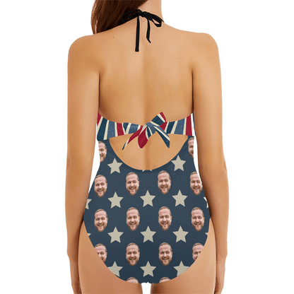 Custom Face Retro Flag Swimsuit | Personalized Women's Backless Bow One Piece Bathing Suit