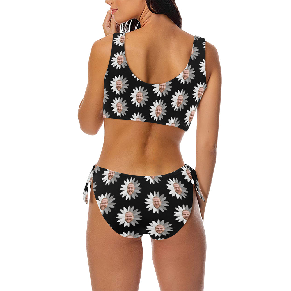 Custom Daisies Face Swimsuit | Personalized Women's Chest Strap Tie Side Low Waisted Bikini Beach Pool Outfits