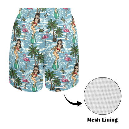 Custom Face Surfing Beach Shorts | Personalized Photo Men's Elastic Swim Trunks Prank Gift