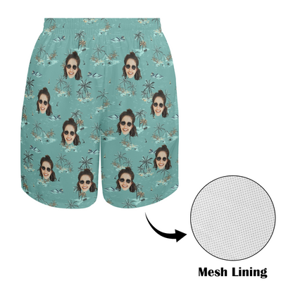 Custom Face Coconut Tree&Island Beach Shorts | Personalized Photo Men's Elastic Swim Trunks For Holiday Trip
