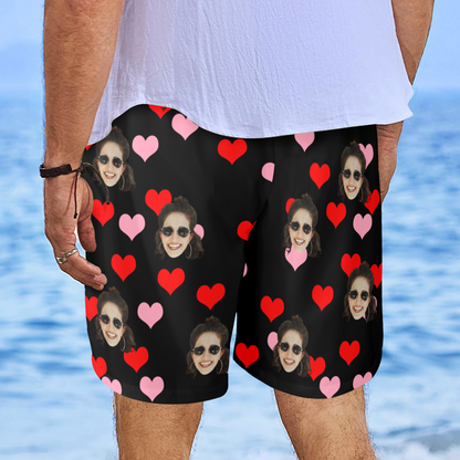 Custom Heart Face Beach Shorts | Personalized Photo Men's Elastic Swim Trunks Bachelor Party