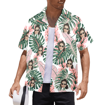 Custom Face Pink Plantain Leaves Hawaiian Shirt | Personalized Tropical Aloha Shirt Birthday Party Gift