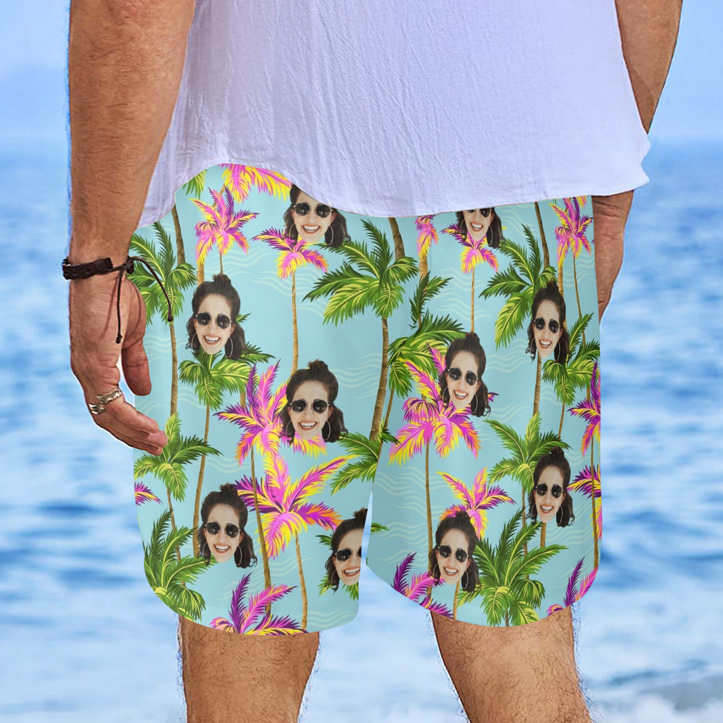 Custom Face Purple Coconut Tree Beach Shorts | Personalized Photo Men's Elastic Swim Trunks Cruise Trip