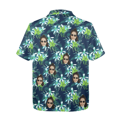 Custom Face Green Leaves Hawaiian Shirt | Personalized Tropical Aloha Shirt Birthday Party Gift