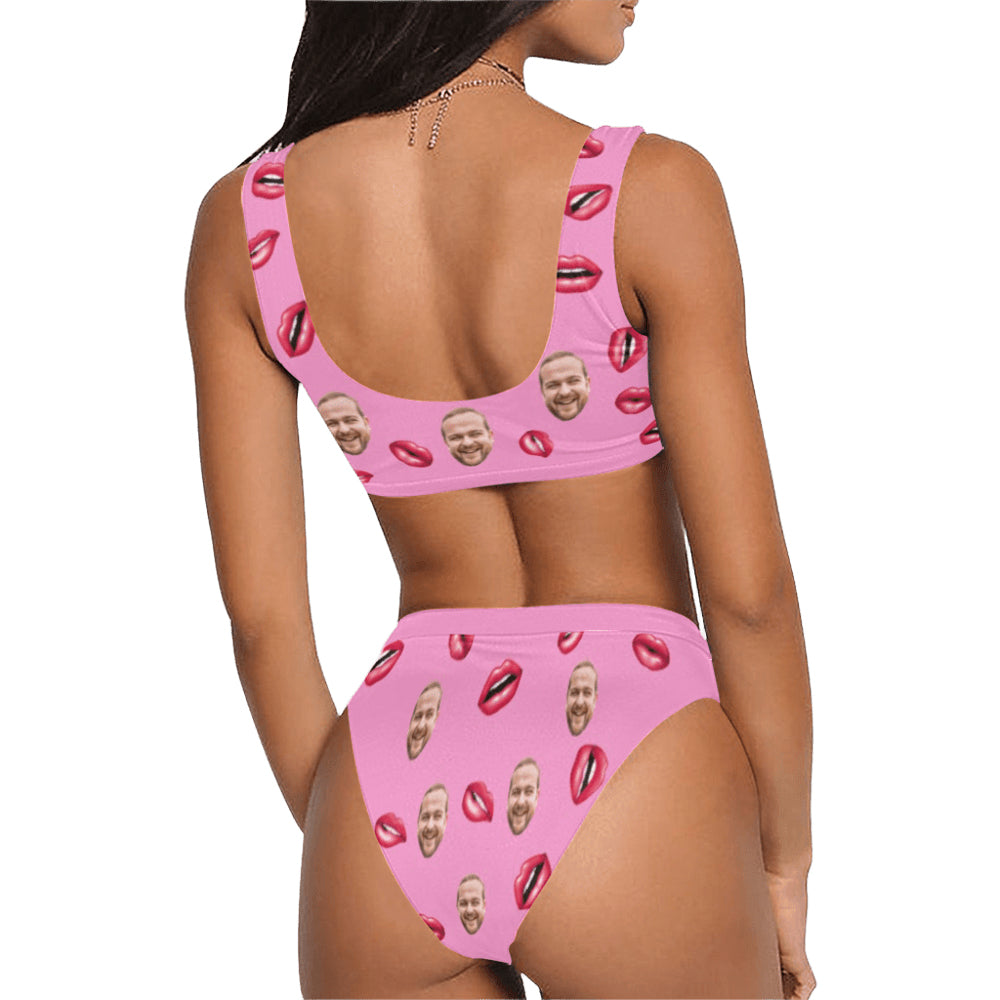 Custom Pink Lips Face Swimsuit | Personalized Women's Scoop Neck Sport Top High Waisted Bikini For Honeymoon/Anniversary
