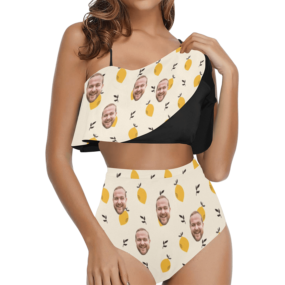 Custom Face Yellow Lemon Swimsuit | Unique Women's Two Piece High Waisted Ruffle Bikini Beach Outfits