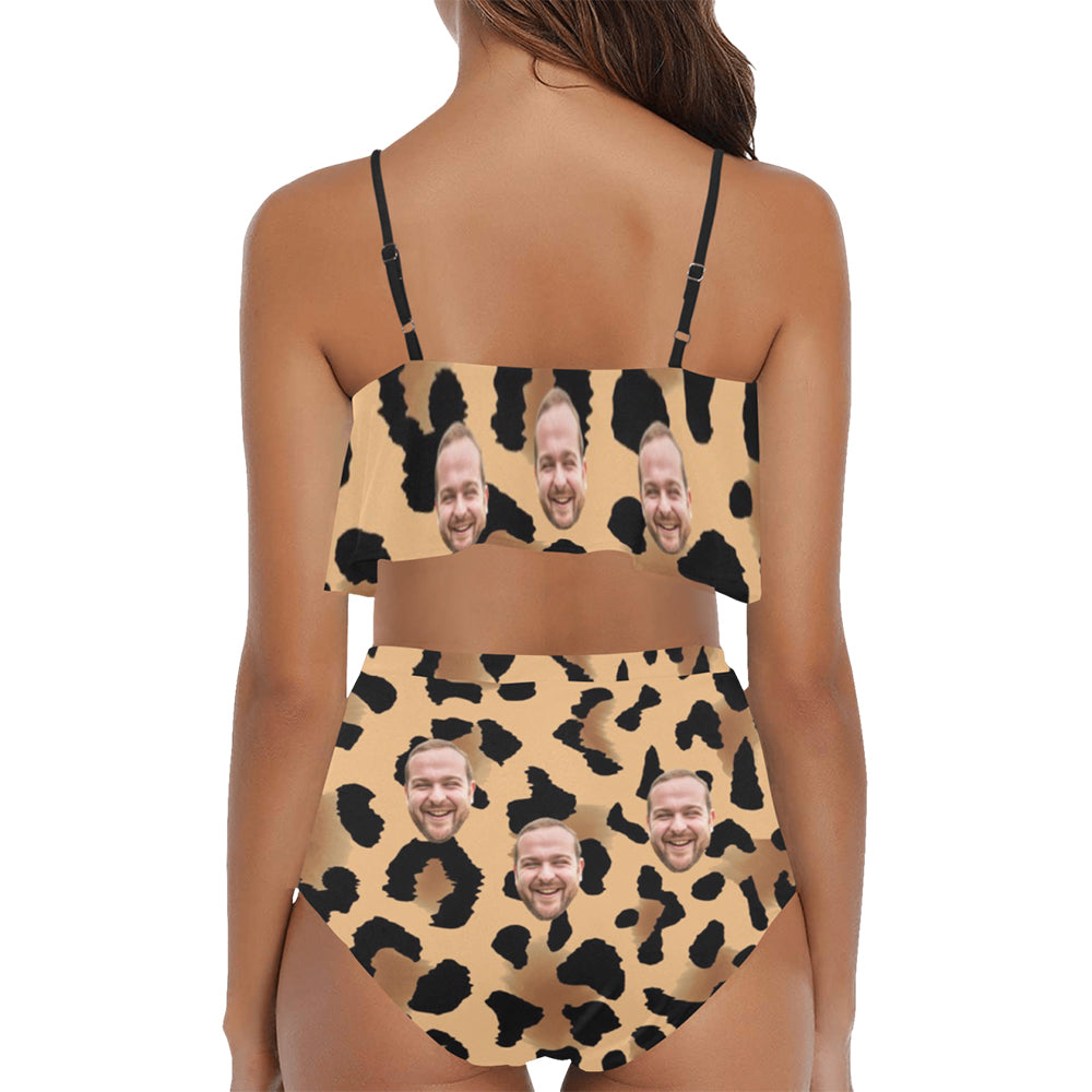 Custom Leopard Face Swimsuit | Unique Women's Two Piece High Waisted Ruffle Bikini Birthday Gifts