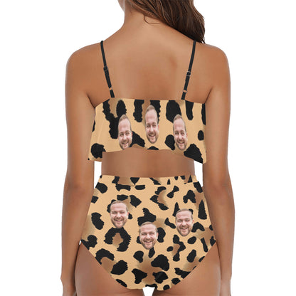 Custom Leopard Face Swimsuit | Unique Women's Two Piece High Waisted Ruffle Bikini Birthday Gifts