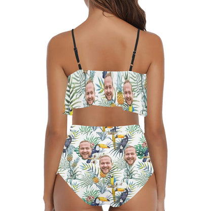 Custom Face Watercolor Parrot Swimsuit | Unique Women's Two Piece High Waisted Ruffle Bikini Party Outfits