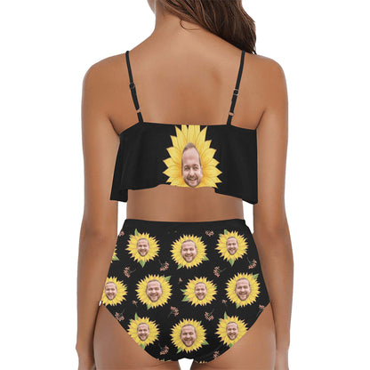 Custom Funny Sunflower Face Swimsuit | Unique Women's Two Piece High Waisted Ruffle Bikini Prank Gifts