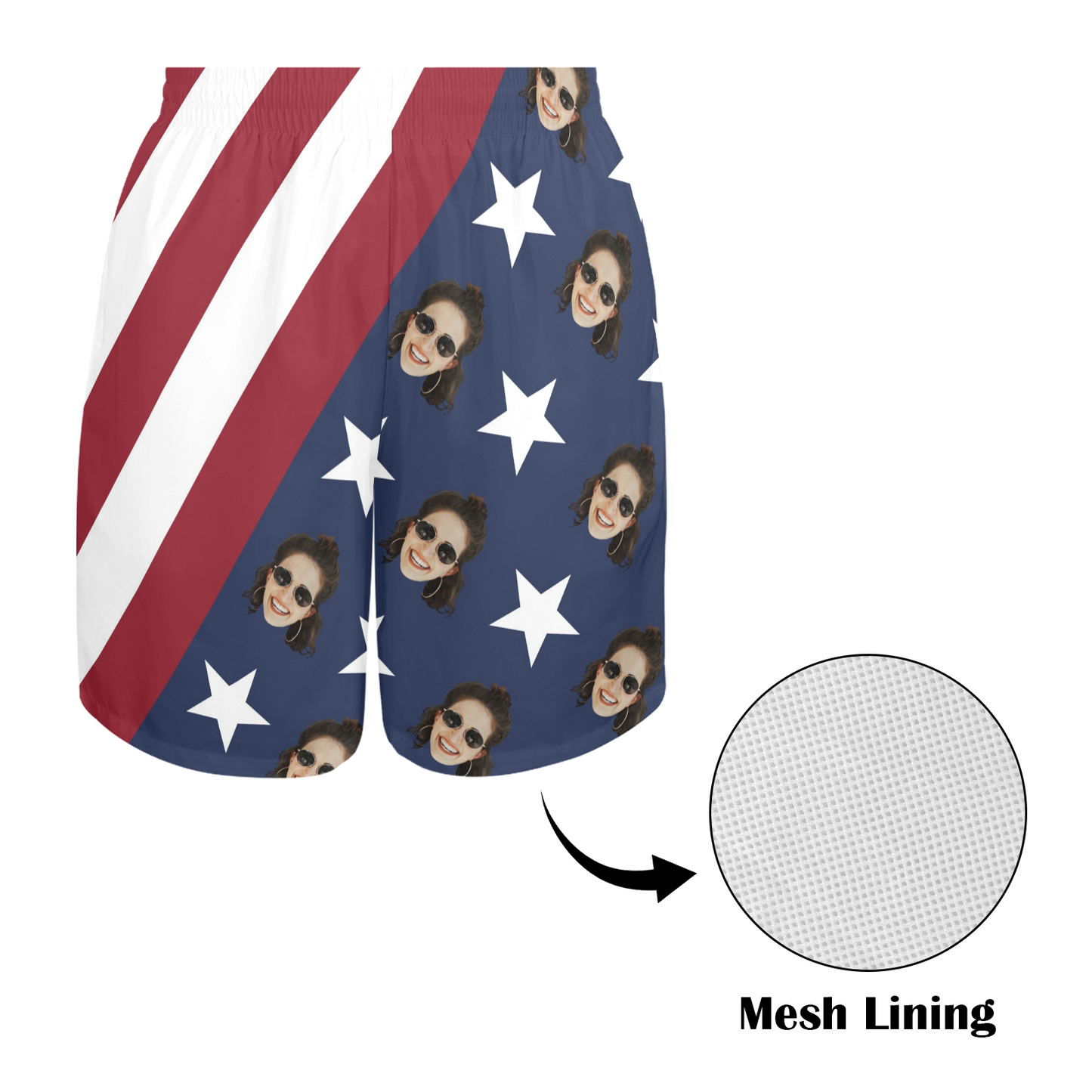 Custom Face USA Flag Beach Shorts | Personalized Photo Men's Elastic Swim Trunks For July 4th Party