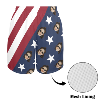 Custom Face USA Flag Beach Shorts | Personalized Photo Men's Elastic Swim Trunks For July 4th Party