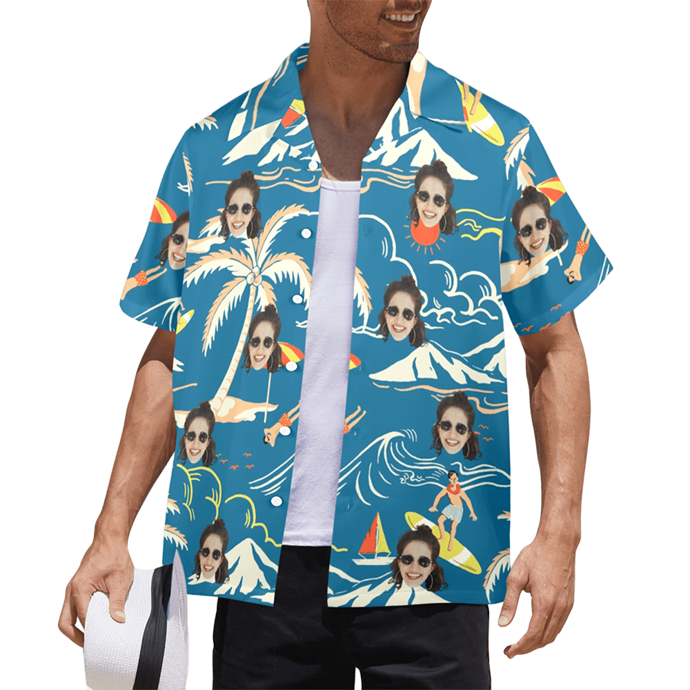Custom Face Blue Surfing Island Hawaiian Shirt | Personalized Tropical Aloha Shirt For Boat/Cruise Trip