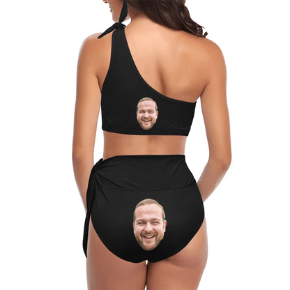 Custom Husband's Face Swimwear Swimsuit | Personalized Women's High Waisted One Shoulder Bikini Set