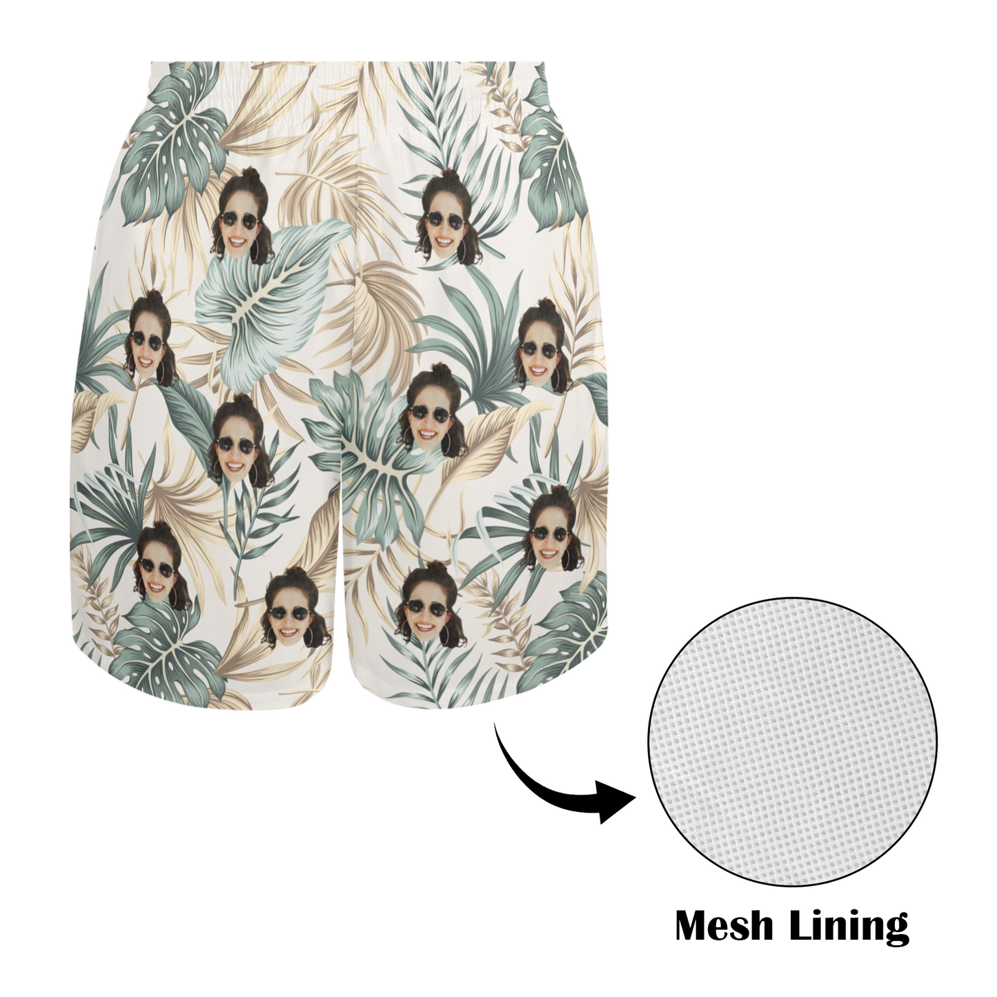 Custom Face Palm Leaves Beach Shorts | Personalized Photo Men's Elastic Swim Trunks For Husband