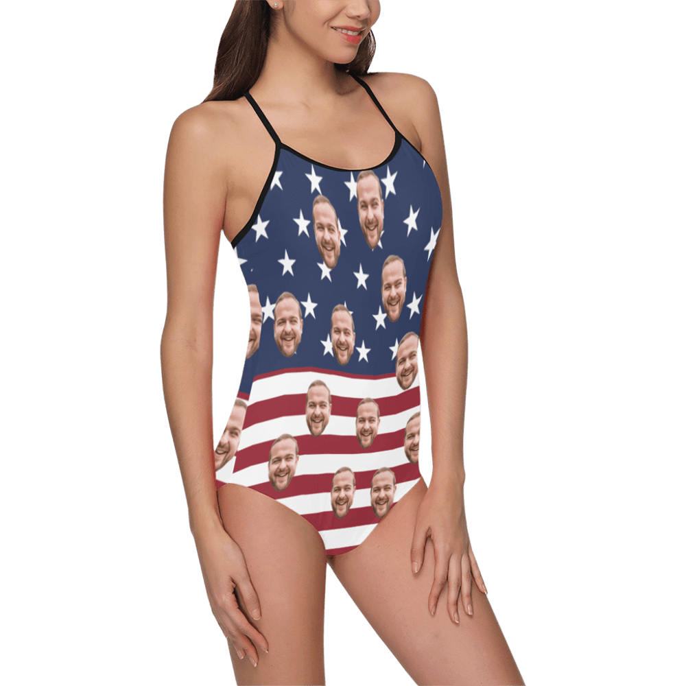 Custom Face American Flag Swimsuit | Personalized Women's Slip One-Piece Swimwear Holiday Party
