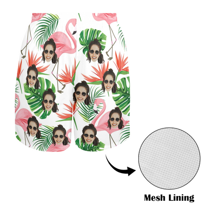 Custom Face Pink Flamingo Beach Shorts | Personalized Photo Men's Elastic Swim Trunks For Cruise