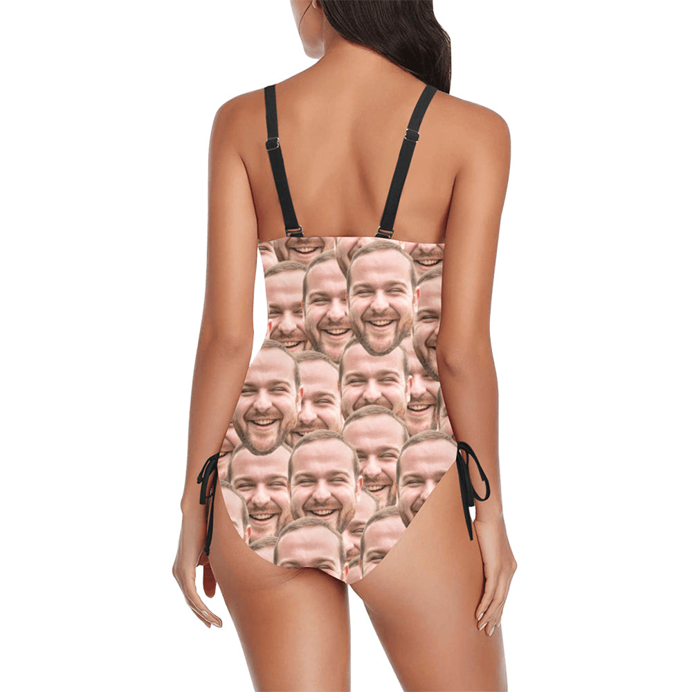 Custom Funny Dense Face Swimsuit | Unique Women's New Drawstring Side One Piece Swimwear Prank Gift