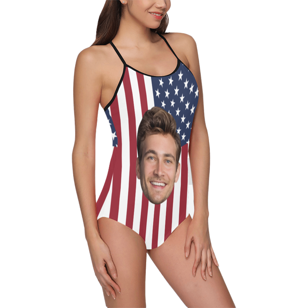 Custom Face USA Flag Swimsuit | Unique Women's Slip One-Piece Swimwear For Independence Day