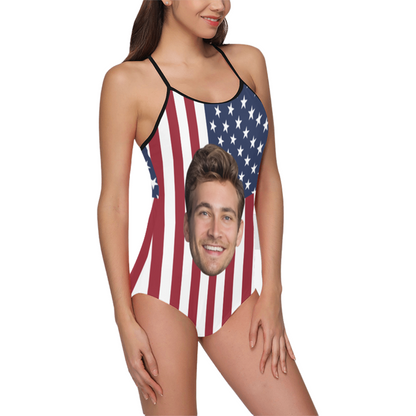 Custom Face USA Flag Swimsuit | Unique Women's Slip One-Piece Swimwear For Independence Day