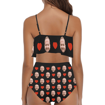 Custom Red Heart Face Swimsuit | Unique Women's Two Piece High Waisted Ruffle Bikini Pool Outfits