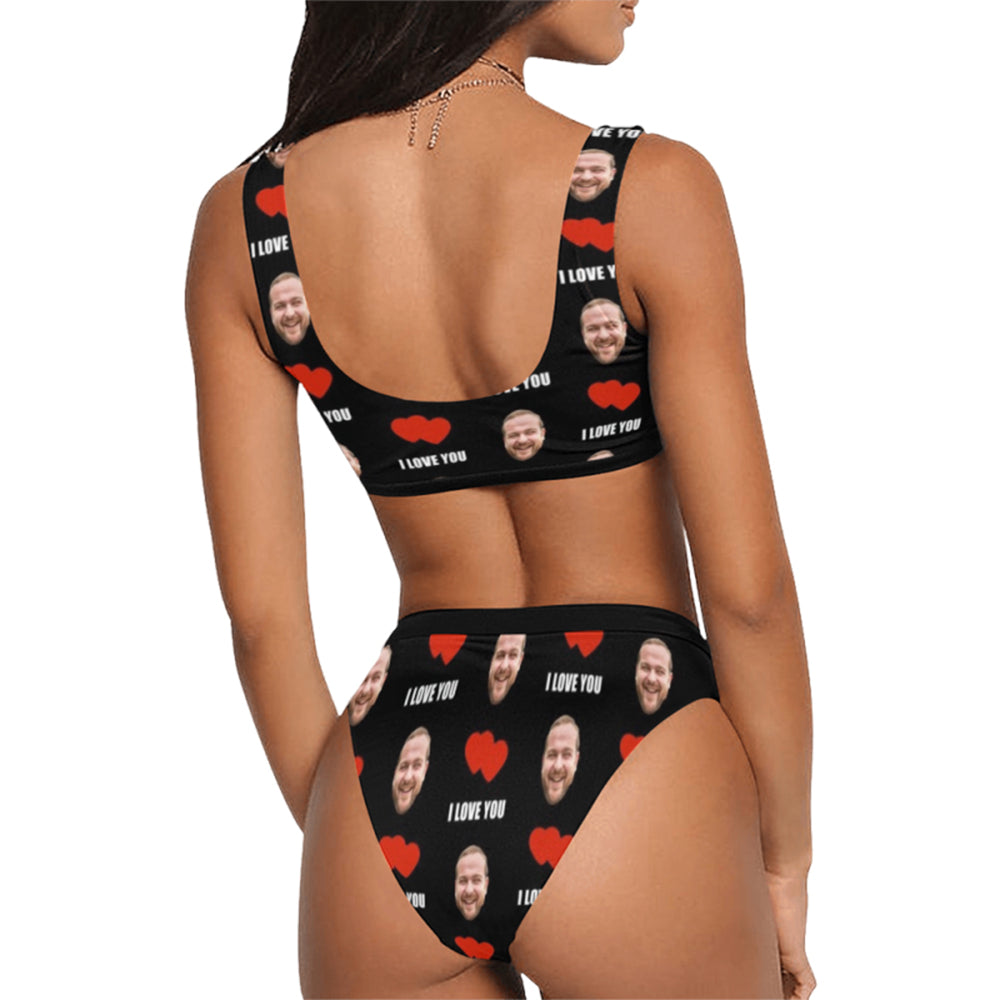 Custom Face I Love You Swimsuit | Personalized Women's Scoop Neck Sport Top High Waisted Bikini Couple Prank Gifts