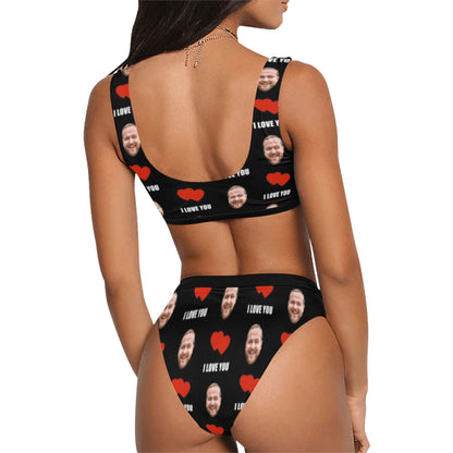 Custom Face I Love You Swimsuit | Personalized Women's Scoop Neck Sport Top High Waisted Bikini Couple Prank Gifts