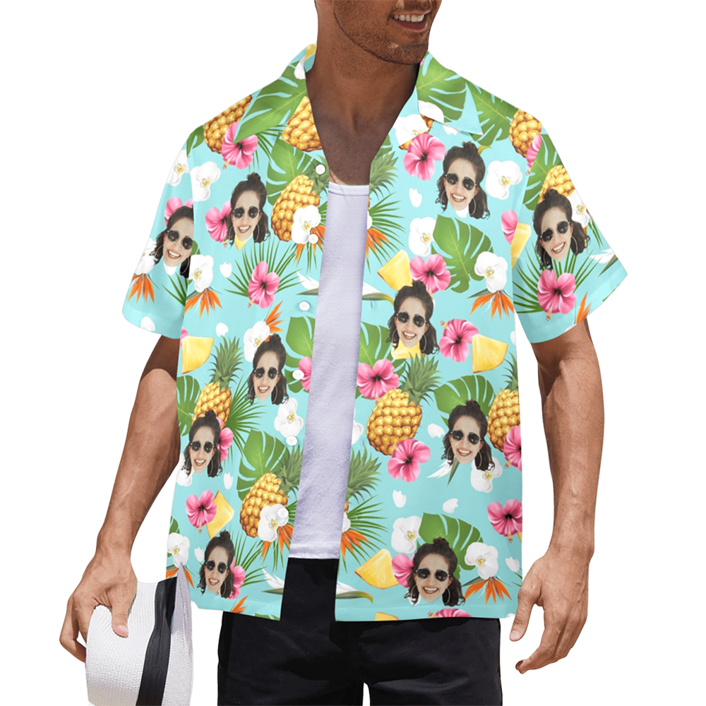 Custom Face Pineapple Flowers Hawaiian Shirt | Personalized Tropical Aloha Shirt For Family Party