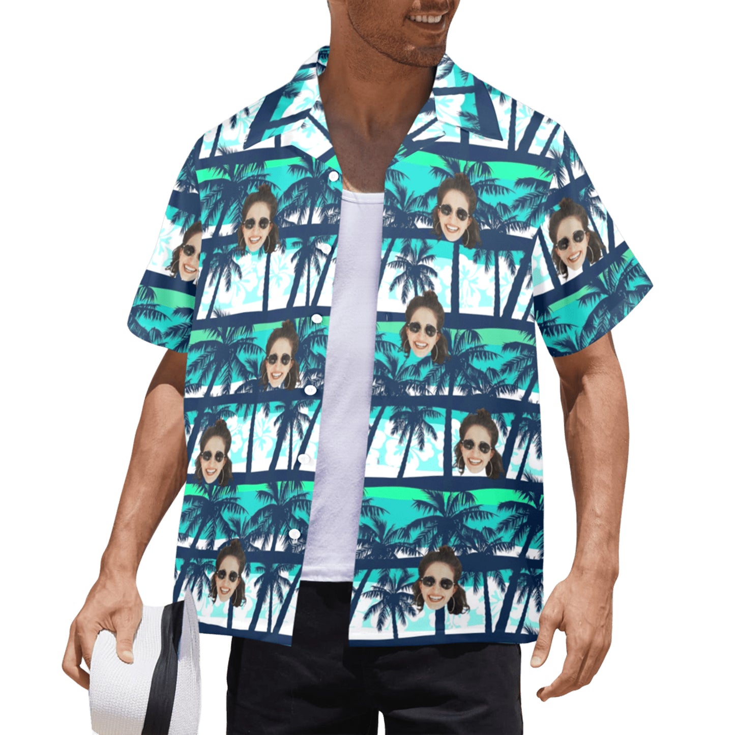 Custom Face Blue & Green Coconut Tree Hawaiian Shirt | Personalized Tropical Aloha Shirt Father's Day Gift