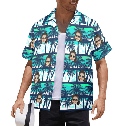 Custom Face Blue & Green Coconut Tree Hawaiian Shirt | Personalized Tropical Aloha Shirt Father's Day Gift