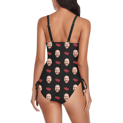 Custom Love Heart Face Swimsuit | Unique Women's New Drawstring Side One Piece Swimwear Gift For Her