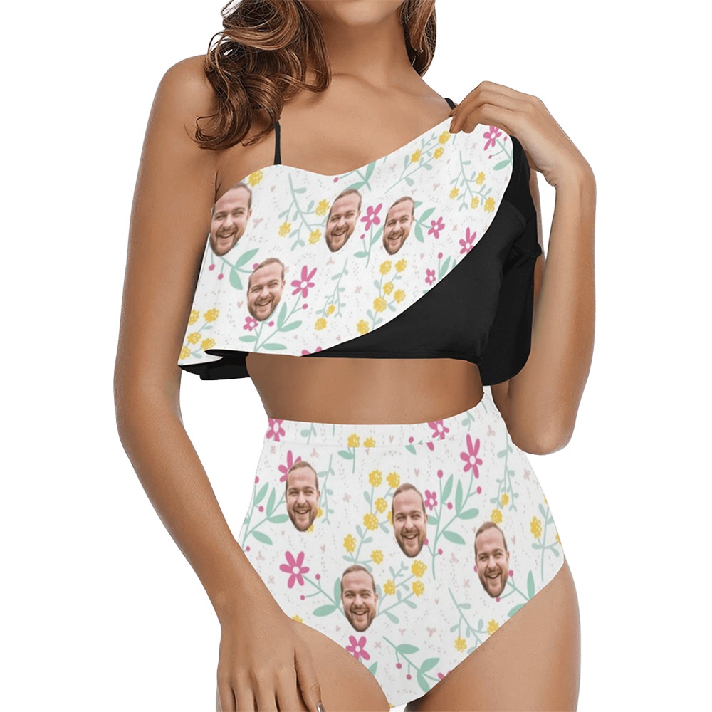 Custom Face Flower Swimsuit | Unique Women's Two Piece High Waisted Ruffle Bikini Holiday Party