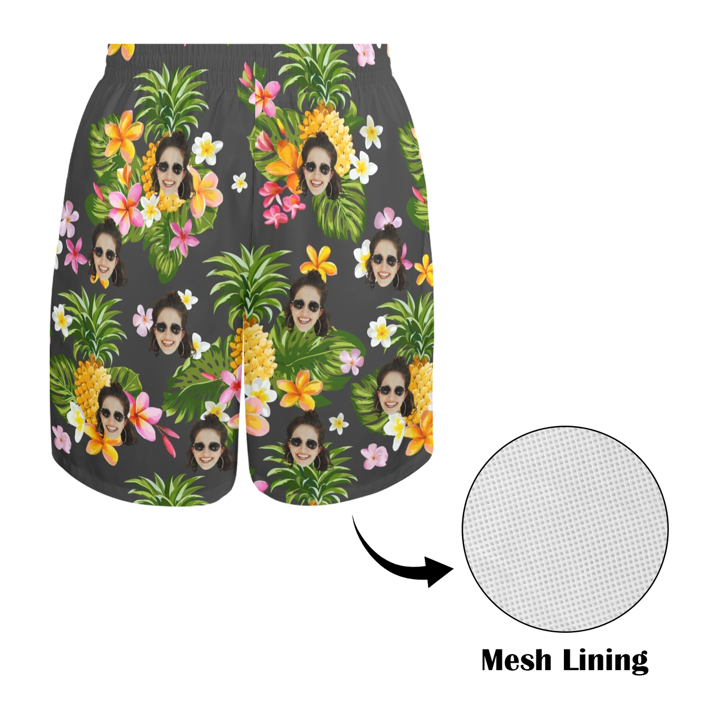 Custom Face Yellow Pineapple Beach Shorts | Personalized Photo Men's Elastic Swim Trunks Beach Trip