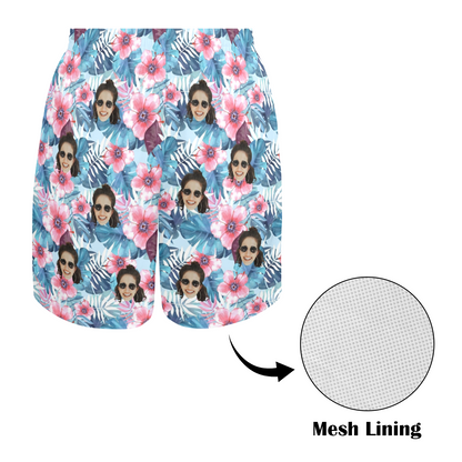Custom Face Blue Leaves Beach Shorts | Personalized Photo Men's Elastic Swim Trunks For Boat Trip