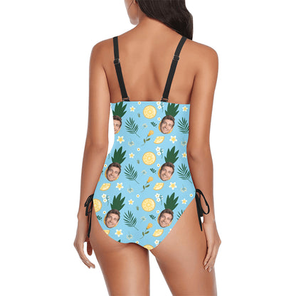 Custom Pineapple Face Blue Swimsuit | Unique Women's New Drawstring Side One Piece Swimwear For Vacation
