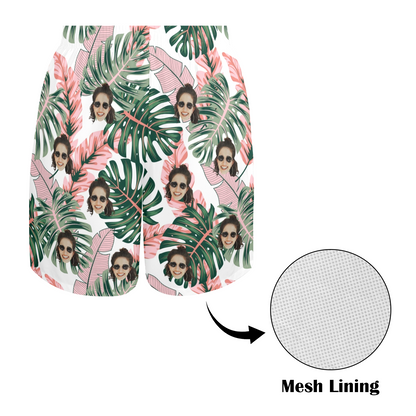 Custom Face Pink Plantain Leaves Beach Shorts | Personalized Photo Men's Elastic Swim Trunks Vacation Party Gift