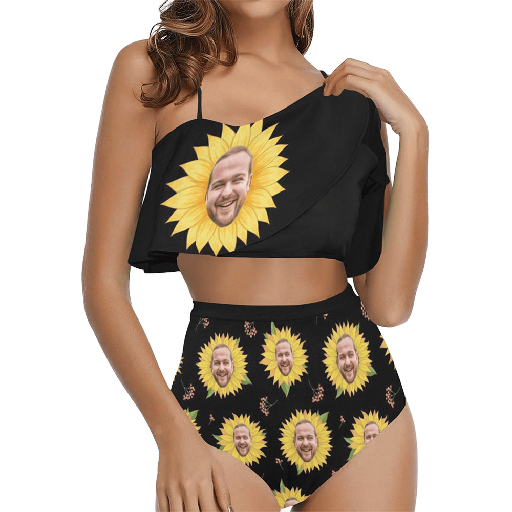 Custom Funny Sunflower Face Swimsuit | Unique Women's Two Piece High Waisted Ruffle Bikini Prank Gifts