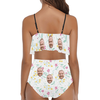 Custom Face Flower Swimsuit | Unique Women's Two Piece High Waisted Ruffle Bikini Holiday Party