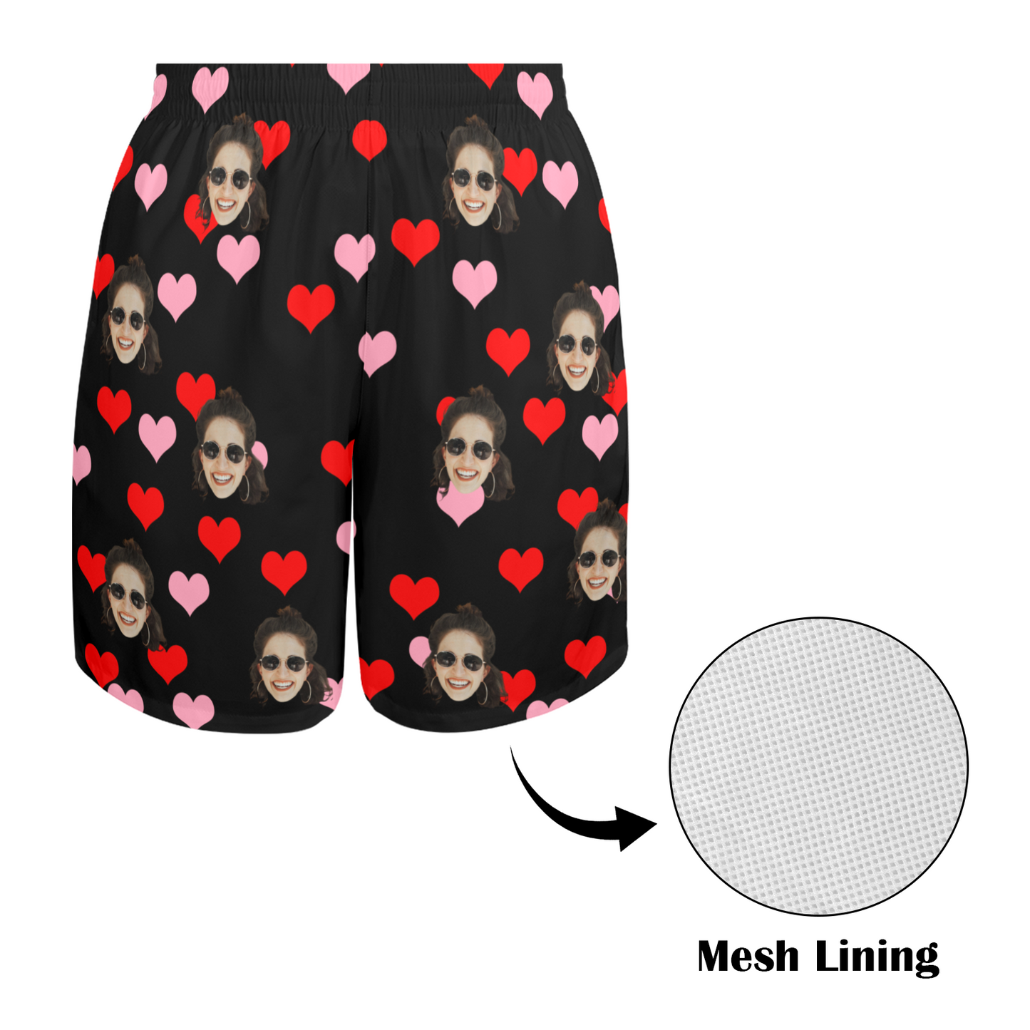 Custom Heart Face Beach Shorts | Personalized Photo Men's Elastic Swim Trunks Bachelor Party