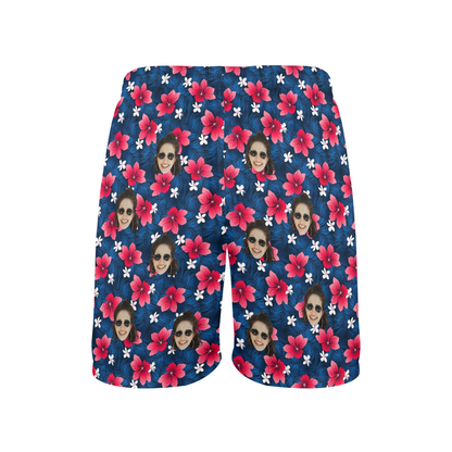 Custom Face Flower Petals Beach Shorts | Personalized Photo Men's Elastic Swim Trunks For Father's Day