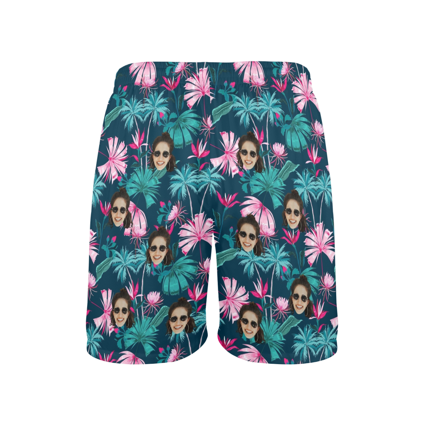 Custom Face Coconut Flowers Beach Shorts | Personalized Photo Men's Elastic Swim Trunks For Holiday